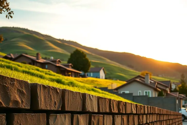 Stacked block retaining wall with small weep holes below a landscaped slope in a Danville foothill neighborhood