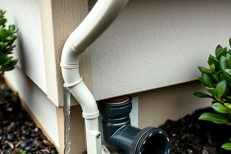 Downspout at the base of a stucco wall connected to a black underground drain pipe adapter in a wet mulch bed