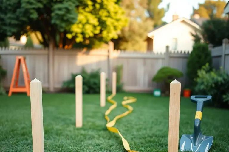 Wooden stakes and string line marking a planned trench route across a backyard lawn, with a tape measure and shovel