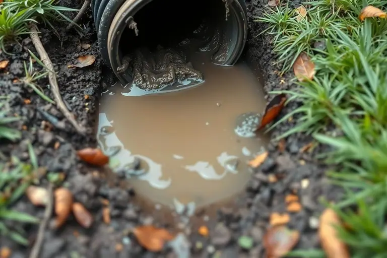 Old corrugated drain outlet pipe half blocked with silt and roots, with muddy water pooled below it