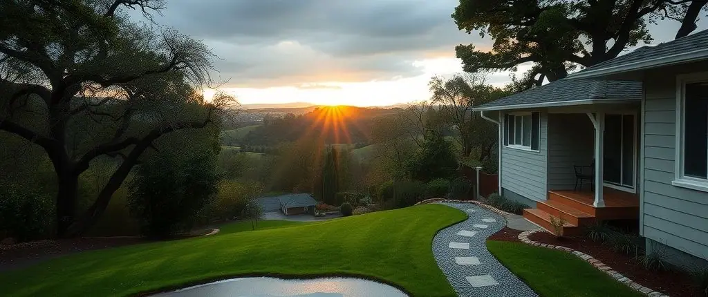 Backyard lawn on an East Bay hillside after a winter storm, with a pool of rainwater on the grass beside a stone path and a single-story home
