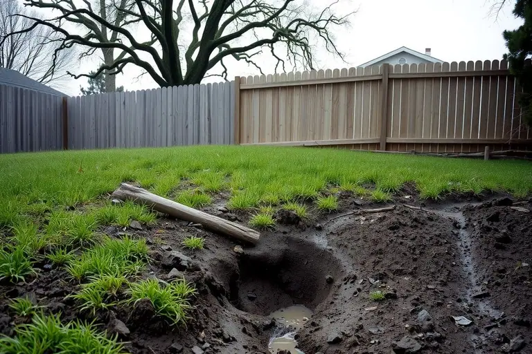 Saturated muddy hillside with a fresh crack in the grass below a wooden fence that leans slightly downhill