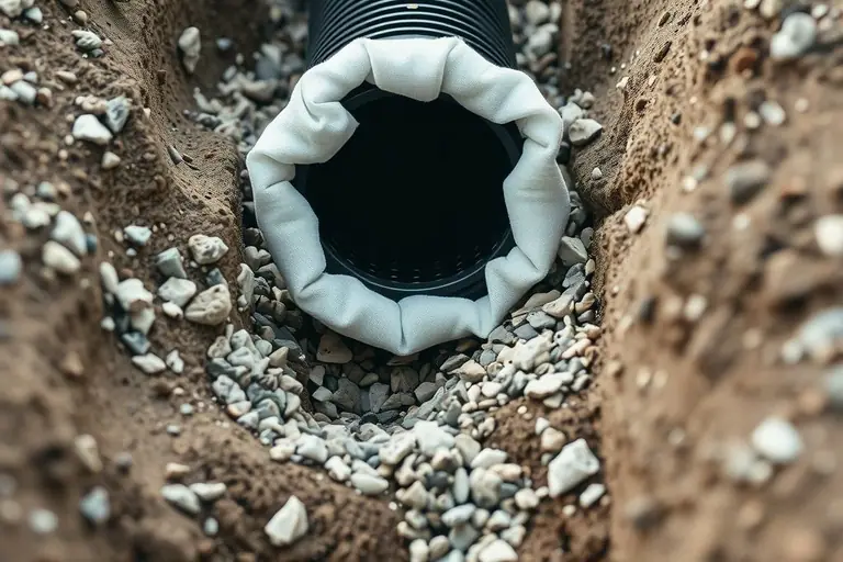 Perforated drain pipe wrapped in a fabric sock lying on washed gravel in a trench