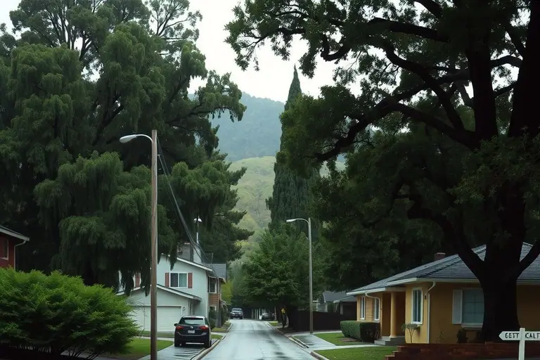 Hillside residential street in Lafayette with 1960s homes under large oak trees and a wet driveway