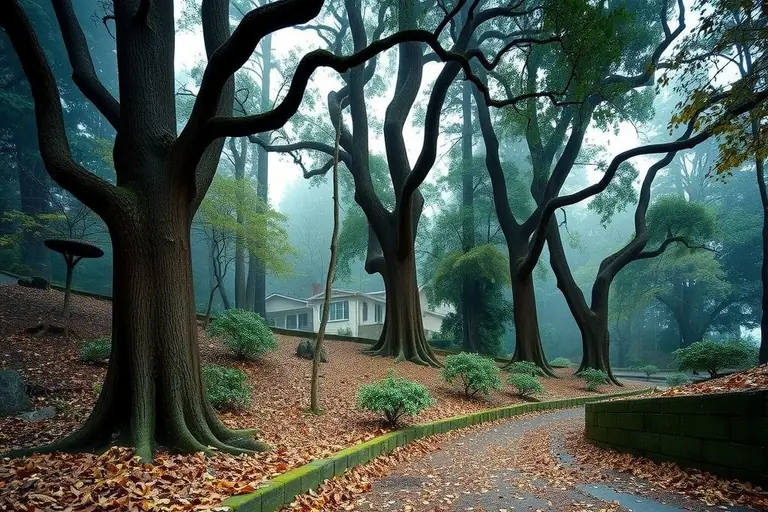 Fallen leaves covering a square drain grate on a wet, steep driveway under oak and bay trees in Orinda
