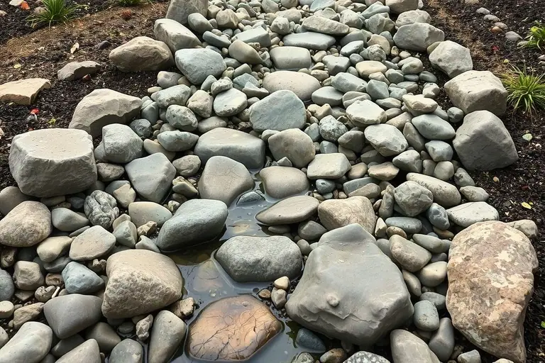 Dry creek bed of river rock winding through a drought-tolerant front yard
