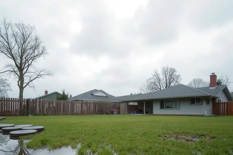 Waterlogged backyard lawn with wide puddles reflecting a cloudy sky in front of a single-story house